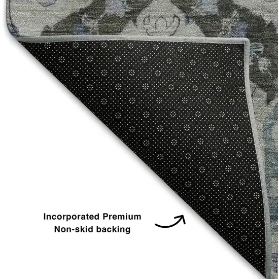 8' Gray And Blue Ikat Washable Round Rug With UV Protection Photo 6