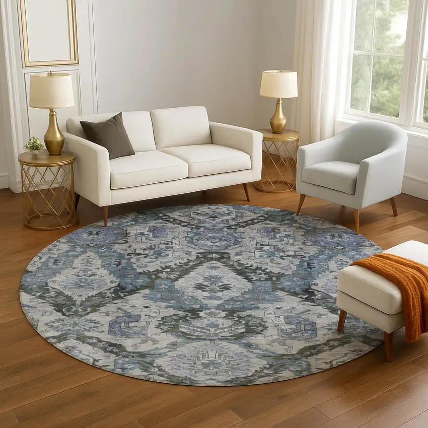 8' Gray And Blue Ikat Washable Round Rug With UV Protection Photo 5