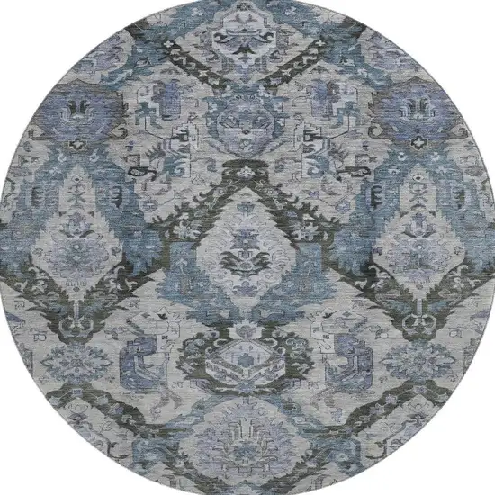8' Gray And Blue Ikat Washable Round Rug With UV Protection Photo 4