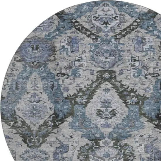 8' Gray And Blue Ikat Washable Round Rug With UV Protection Photo 3