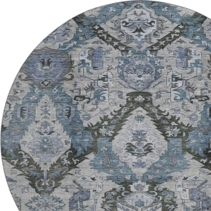 8' Gray And Blue Ikat Washable Round Rug With UV Protection Photo 3