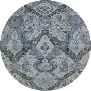 Photo of 8' Gray And Blue Ikat Washable Round Rug With UV Protection