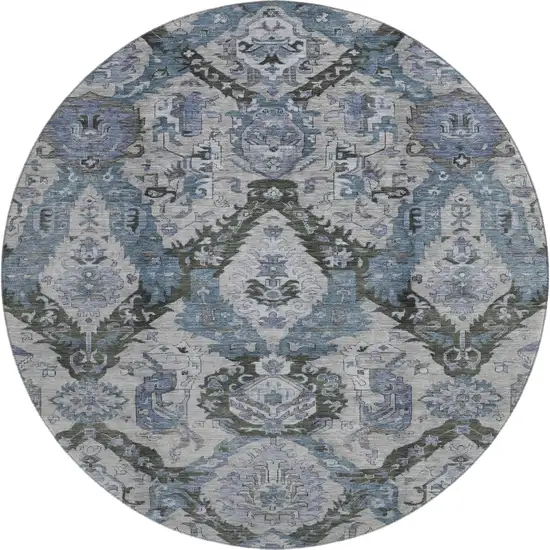 8' Gray And Blue Ikat Washable Round Rug With UV Protection Photo 1