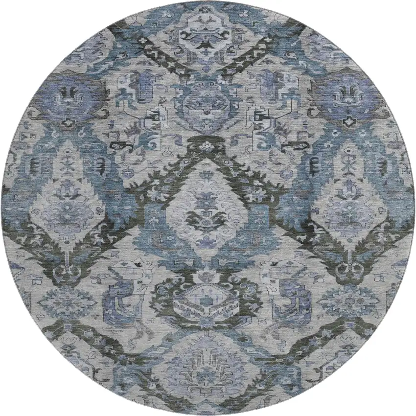 8' Gray And Blue Ikat Washable Round Rug With UV Protection Photo 1