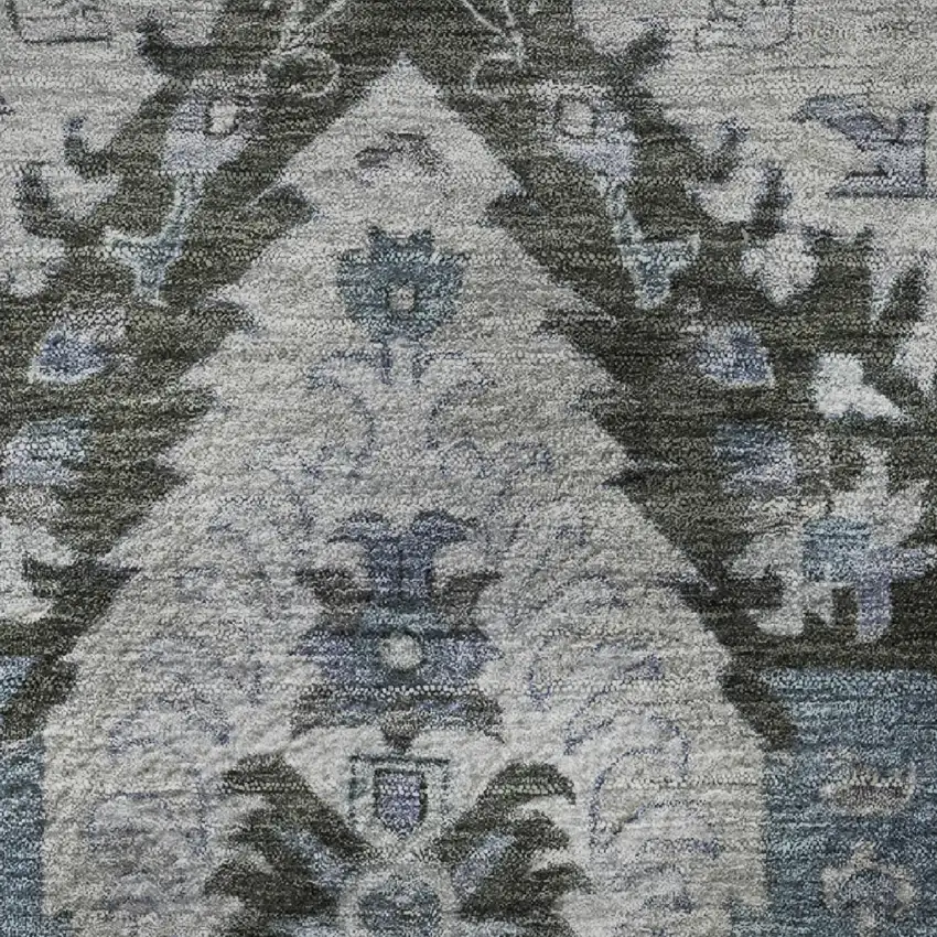 8' Gray And Blue Ikat Washable Round Rug With UV Protection Photo 9