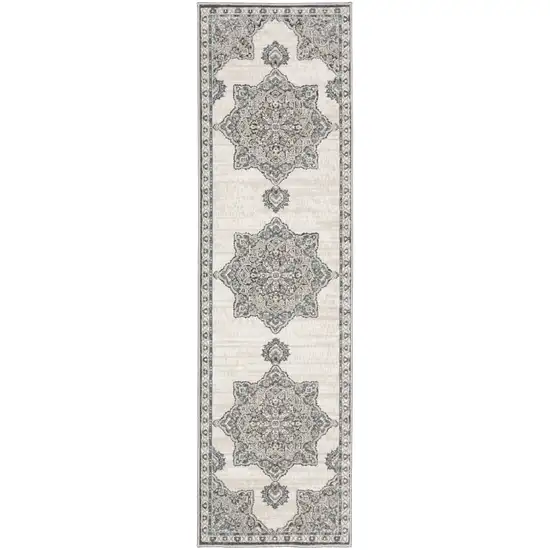 8' Gray And Blue Medallion Runner Rug Photo 2