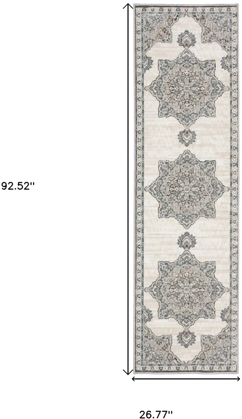 8' Gray And Blue Medallion Runner Rug Photo 3