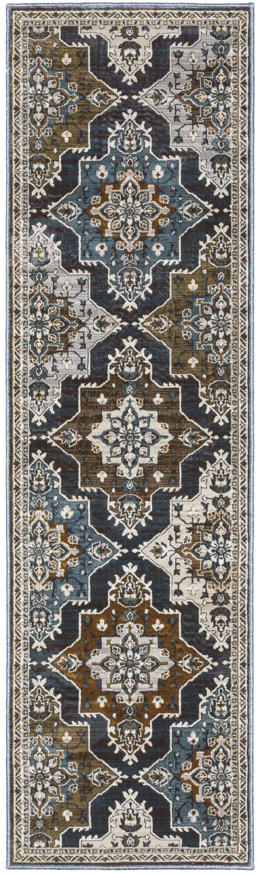 8' Gray And Blue Medallion Runner Rug Photo 2