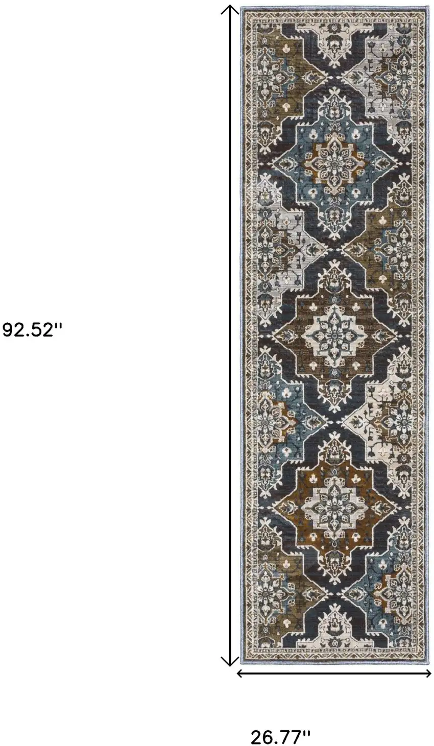 8' Gray And Blue Medallion Runner Rug Photo 3