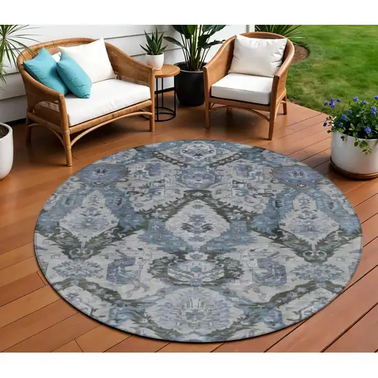 8' Gray And Blue Round Damask Washable Indoor Outdoor Area Rug Photo 2