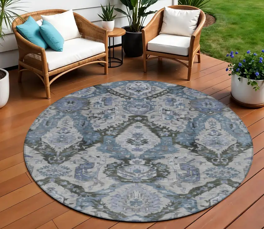 8' Gray And Blue Round Damask Washable Indoor Outdoor Area Rug Photo 2