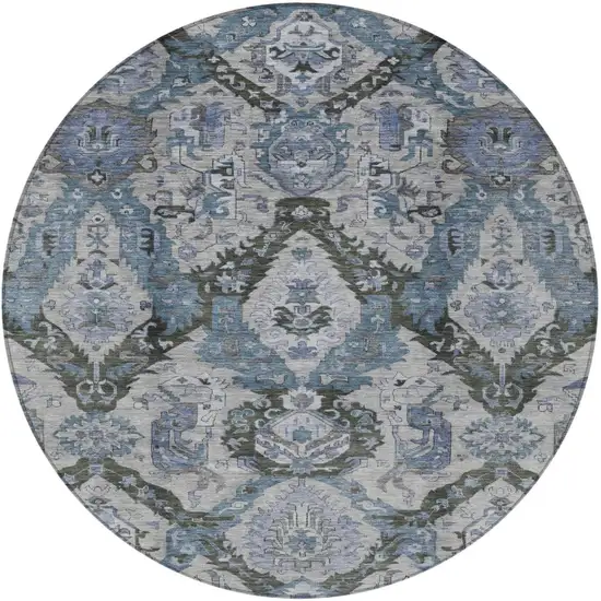 8' Gray And Blue Round Damask Washable Indoor Outdoor Area Rug Photo 4