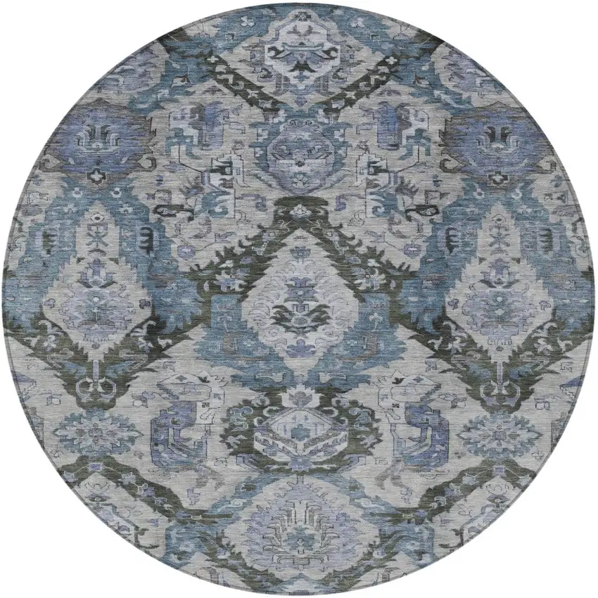 8' Gray And Blue Round Damask Washable Indoor Outdoor Area Rug Photo 4