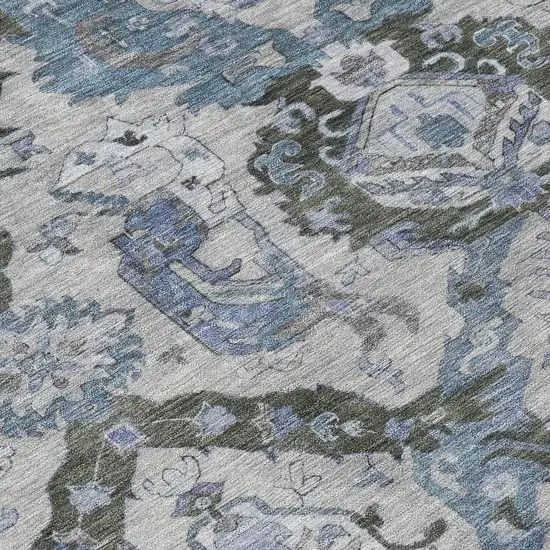 8' Gray And Blue Round Damask Washable Indoor Outdoor Area Rug Photo 8