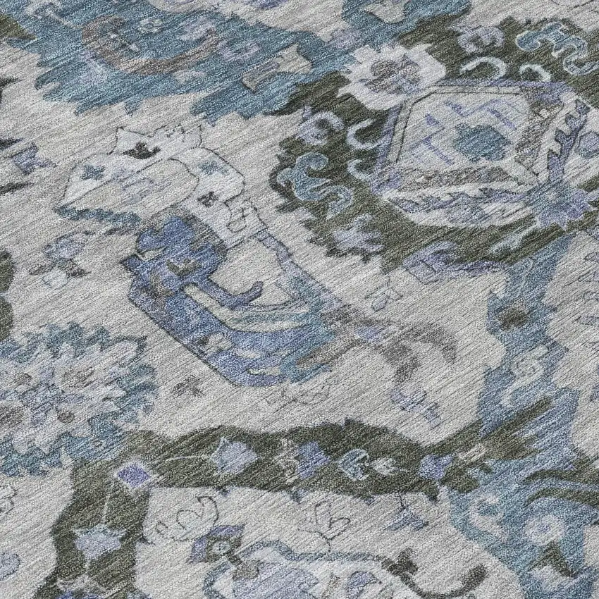 8' Gray And Blue Round Damask Washable Indoor Outdoor Area Rug Photo 8