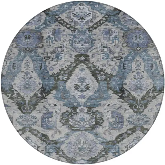 8' Gray And Blue Round Damask Washable Indoor Outdoor Area Rug Photo 1