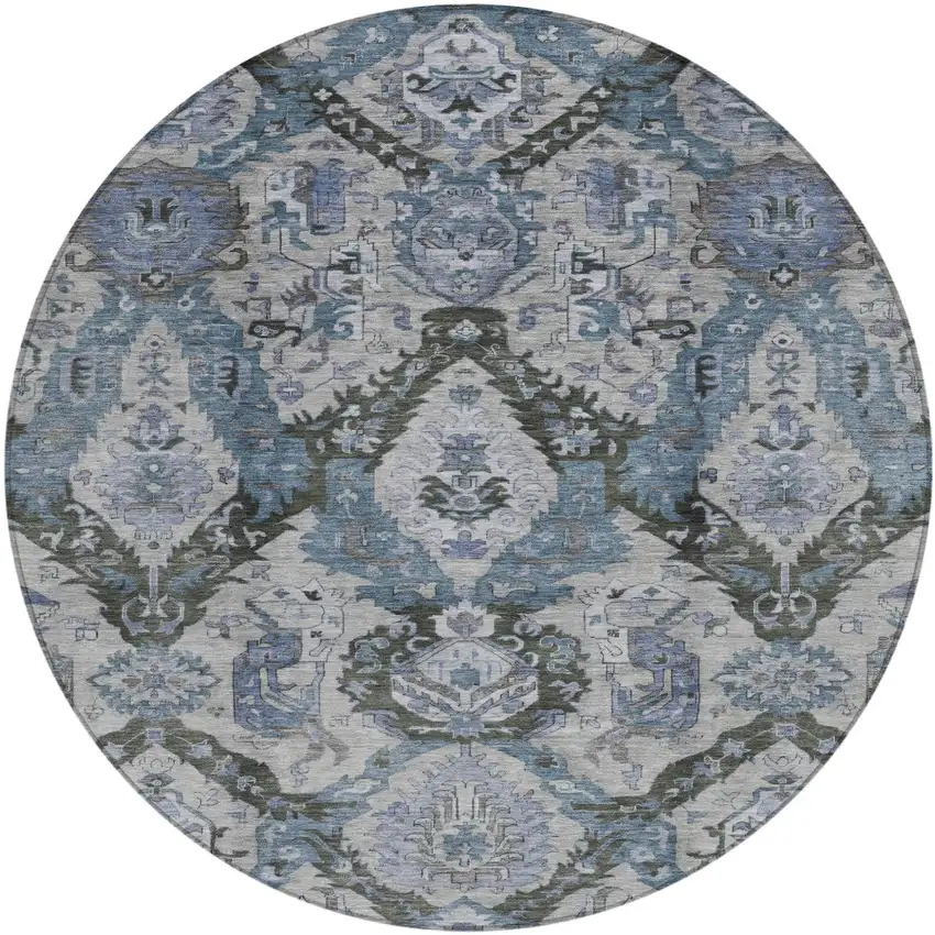 8' Gray And Blue Round Damask Washable Indoor Outdoor Area Rug Photo 1