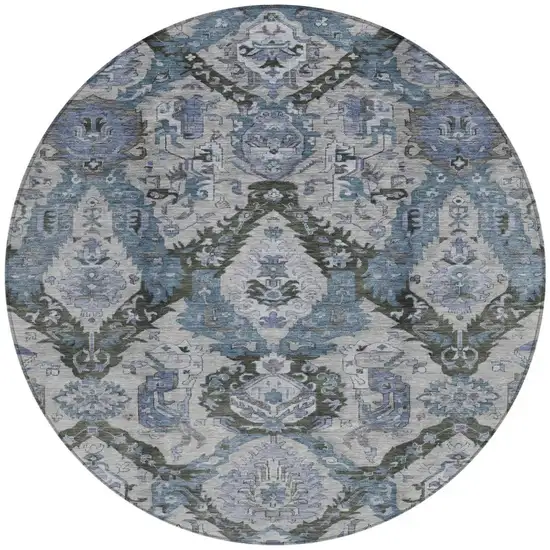 8' Gray And Blue Round Damask Washable Indoor Outdoor Area Rug Photo 3