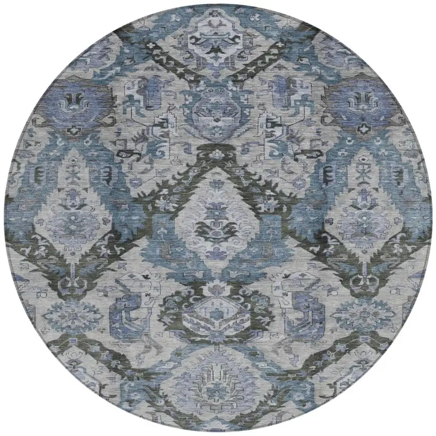 8' Gray And Blue Round Damask Washable Indoor Outdoor Area Rug Photo 3