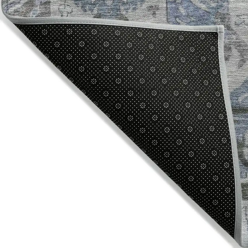 8' Gray And Blue Round Damask Washable Indoor Outdoor Area Rug Photo 9