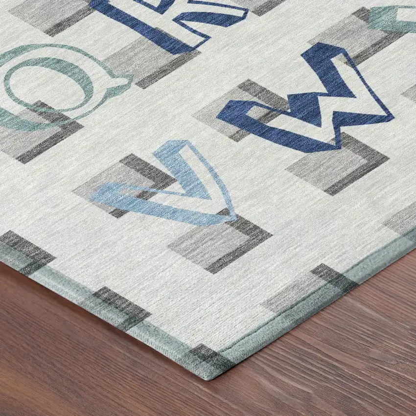 8' Gray And Blue Round Geometric Washable Indoor Outdoor Area Rug Photo 3