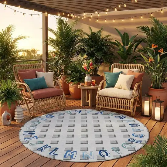 8' Gray And Blue Round Geometric Washable Indoor Outdoor Area Rug Photo 1