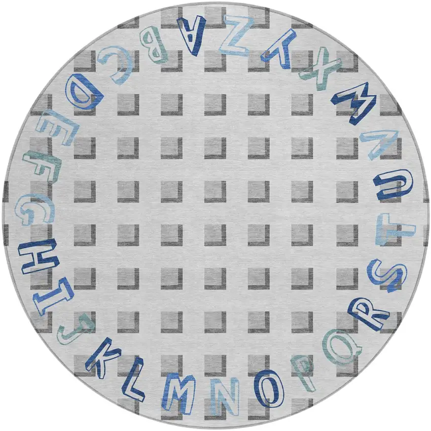 8' Gray And Blue Round Geometric Washable Indoor Outdoor Area Rug Photo 2