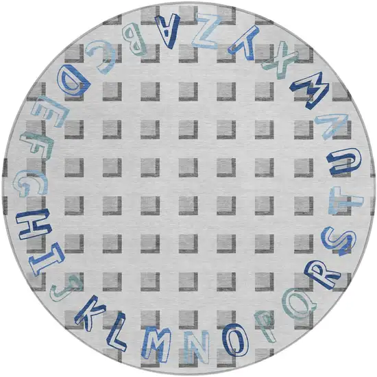 8' Gray And Blue Round Geometric Washable Indoor Outdoor Area Rug Photo 2