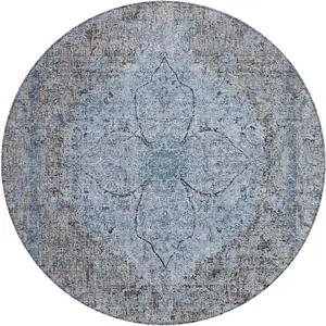 Photo of 8' Gray And Blue Round Oriental Washable Indoor Outdoor Area Rug