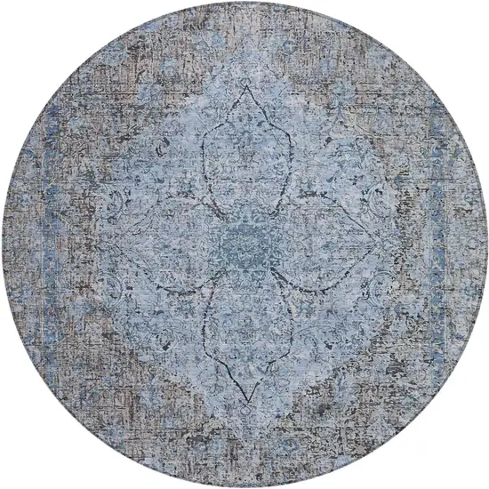 8' Gray And Blue Round Oriental Washable Indoor Outdoor Area Rug Photo 1