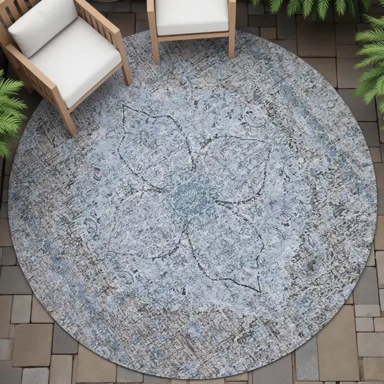 8' Gray And Blue Round Oriental Washable Indoor Outdoor Area Rug Photo 6