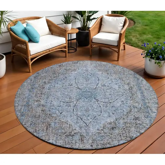 8' Gray And Blue Round Oriental Washable Indoor Outdoor Area Rug Photo 2