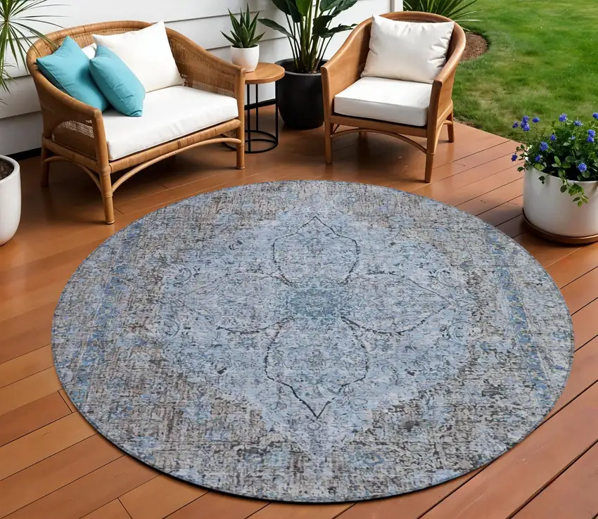 8' Gray And Blue Round Oriental Washable Indoor Outdoor Area Rug Photo 2