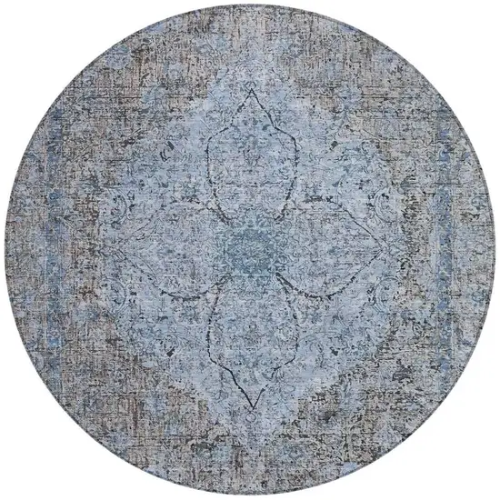 8' Gray And Blue Round Oriental Washable Indoor Outdoor Area Rug Photo 3
