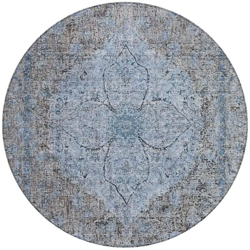 8' Gray And Blue Round Oriental Washable Indoor Outdoor Area Rug Photo 3