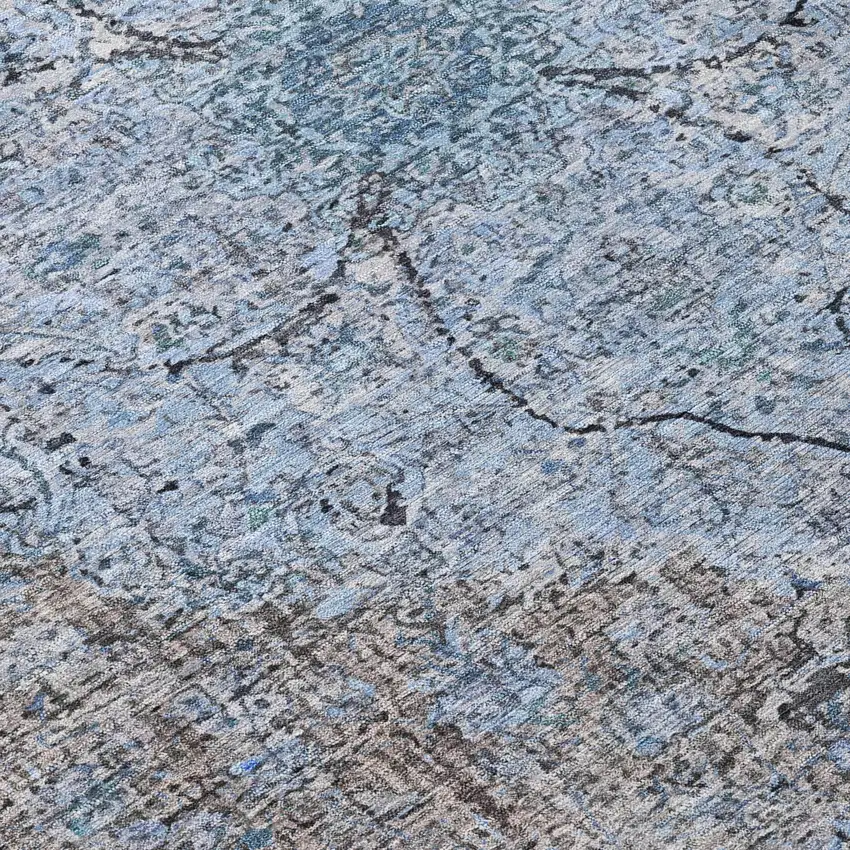 8' Gray And Blue Round Oriental Washable Indoor Outdoor Area Rug Photo 9