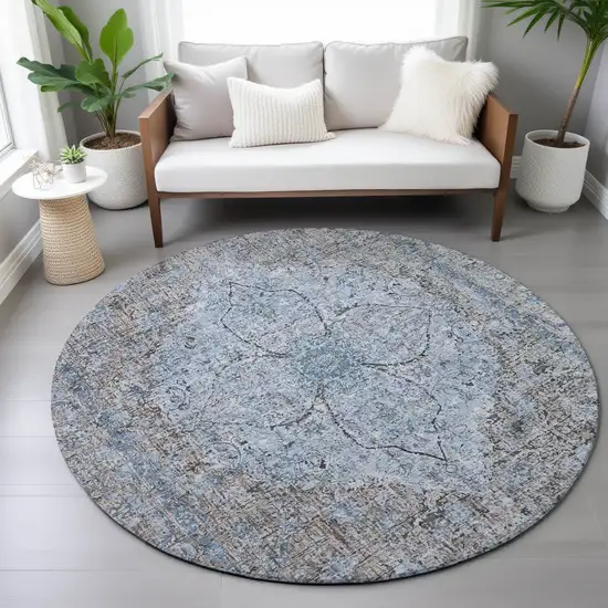 8' Gray And Blue Round Oriental Washable Indoor Outdoor Area Rug Photo 7