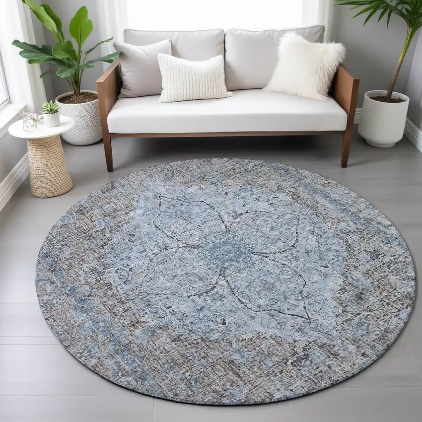 8' Gray And Blue Round Oriental Washable Indoor Outdoor Area Rug Photo 7