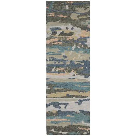 8' Gray And Blue Wool Abstract Hand Tufted Runner Rug Photo 2