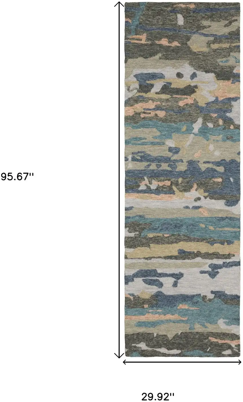 8' Gray And Blue Wool Abstract Hand Tufted Runner Rug Photo 3