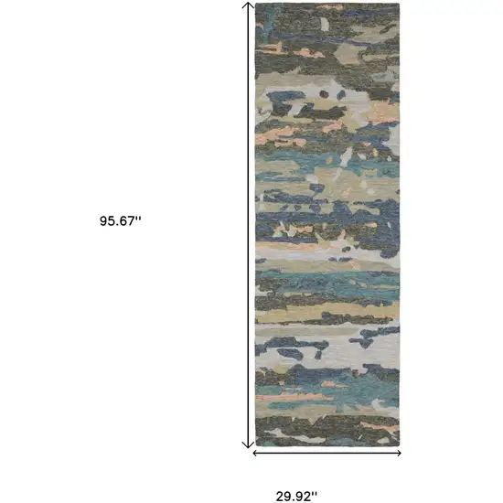 8' Gray And Blue Wool Abstract Hand Tufted Runner Rug Photo 3