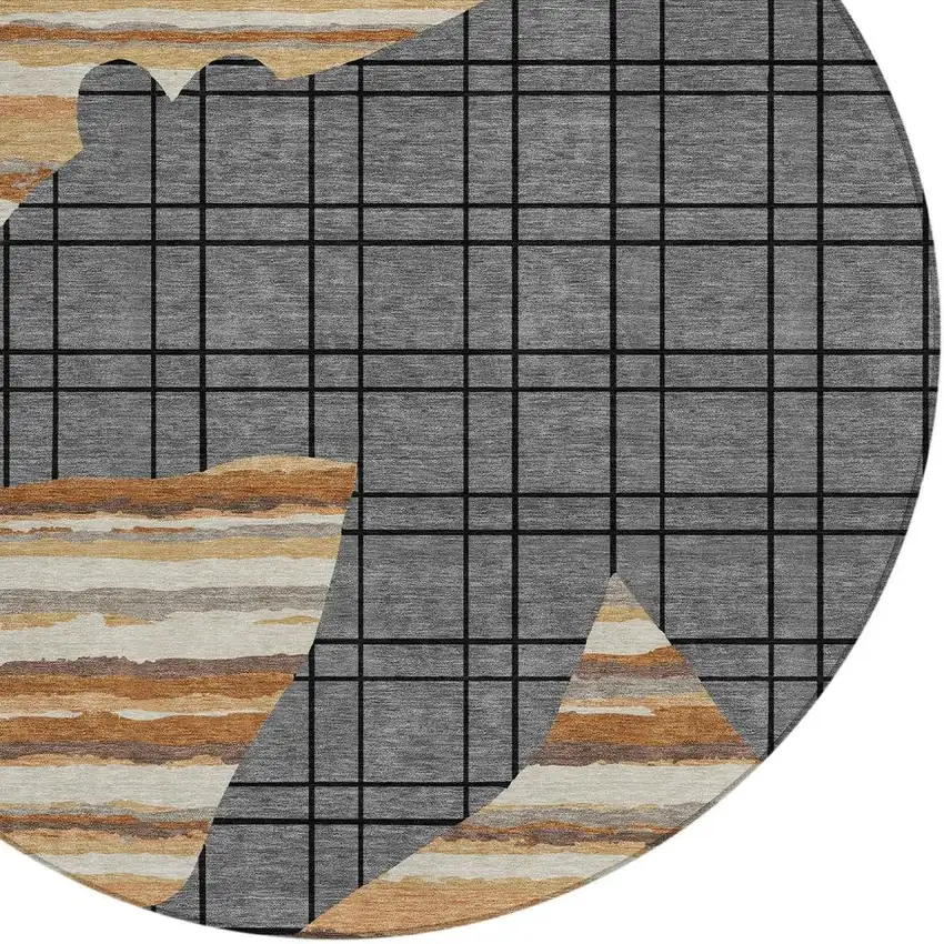 8' Gray And Brown Round Abstract Washable Indoor Outdoor Area Rug Photo 2