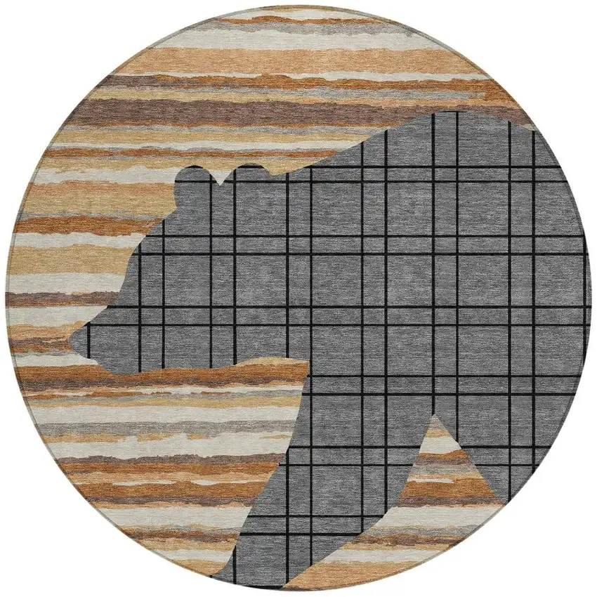 8' Gray And Brown Round Abstract Washable Indoor Outdoor Area Rug Photo 3