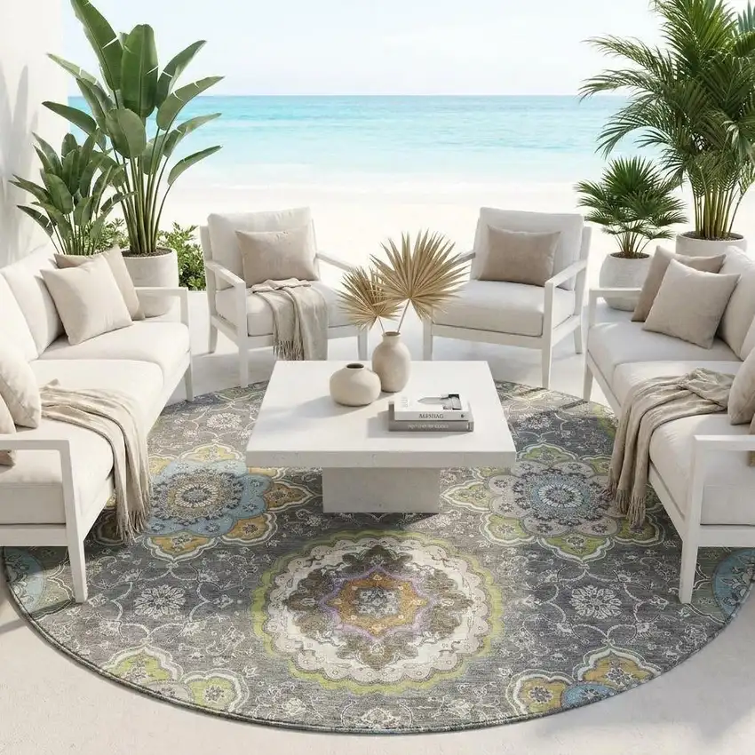 8' Gray And Brown Round Floral Medallion Washable Indoor Outdoor Area Rug Photo 1