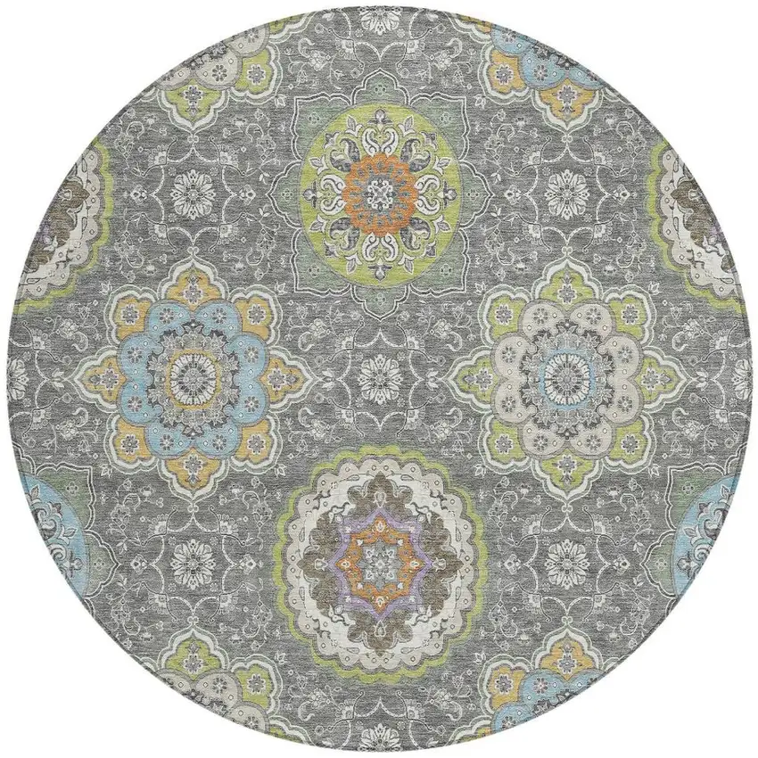 8' Gray And Brown Round Floral Medallion Washable Indoor Outdoor Area Rug Photo 4