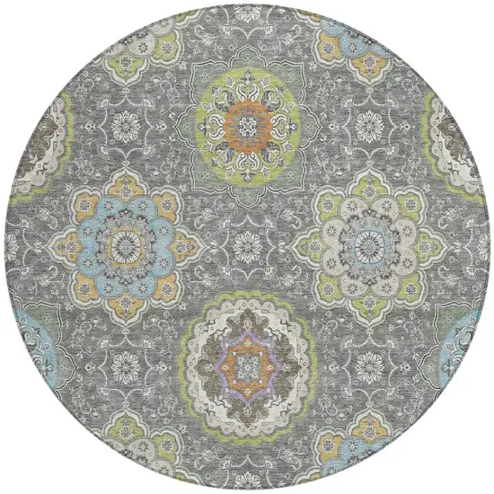 8' Gray And Brown Round Floral Medallion Washable Indoor Outdoor Area Rug Photo 4