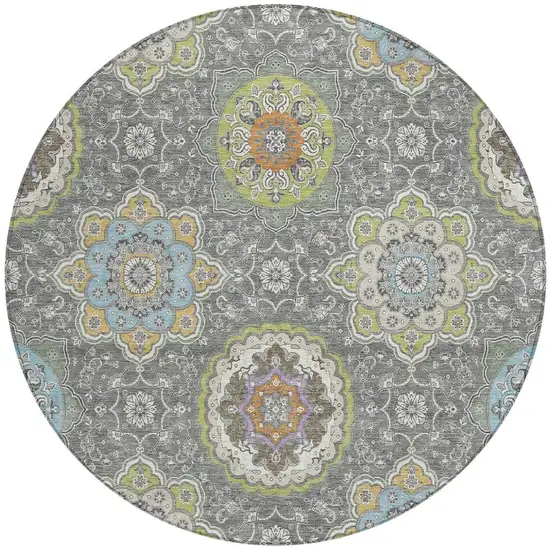 8' Gray And Brown Round Floral Medallion Washable Indoor Outdoor Area Rug Photo 6