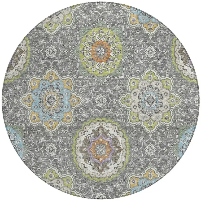 8' Gray And Brown Round Floral Medallion Washable Indoor Outdoor Area Rug Photo 6
