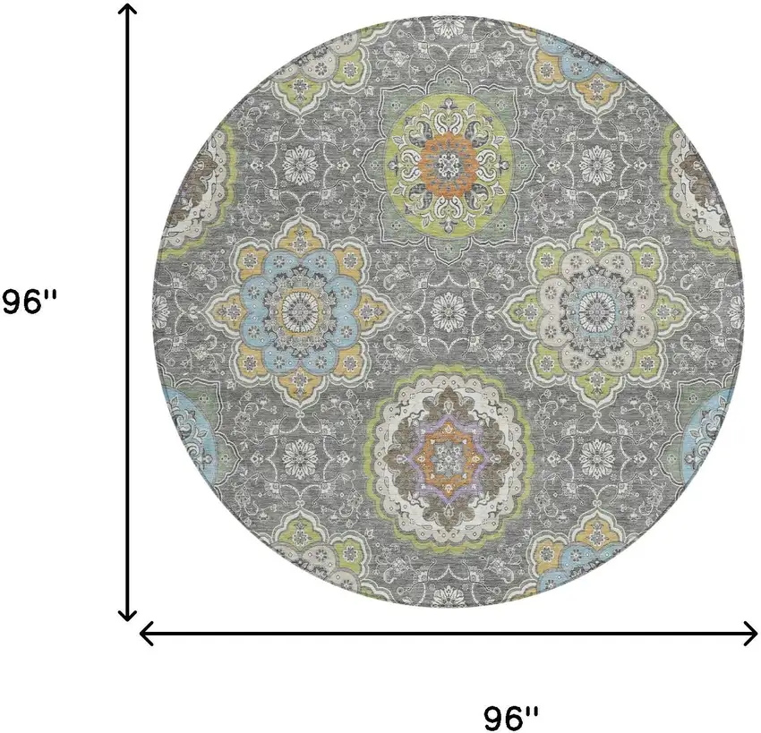 8' Gray And Brown Round Floral Medallion Washable Indoor Outdoor Area Rug Photo 9