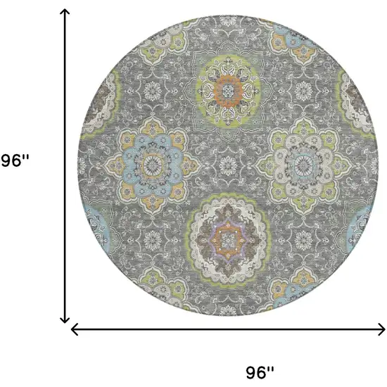 8' Gray And Brown Round Floral Medallion Washable Indoor Outdoor Area Rug Photo 9